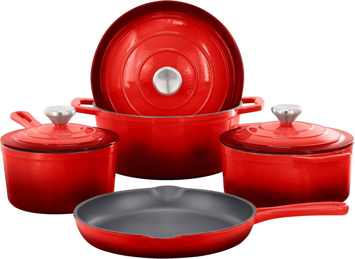 Set 7 Pcs Juego de Ollas de Hierro Fundido Esmaltado - Color Rojo